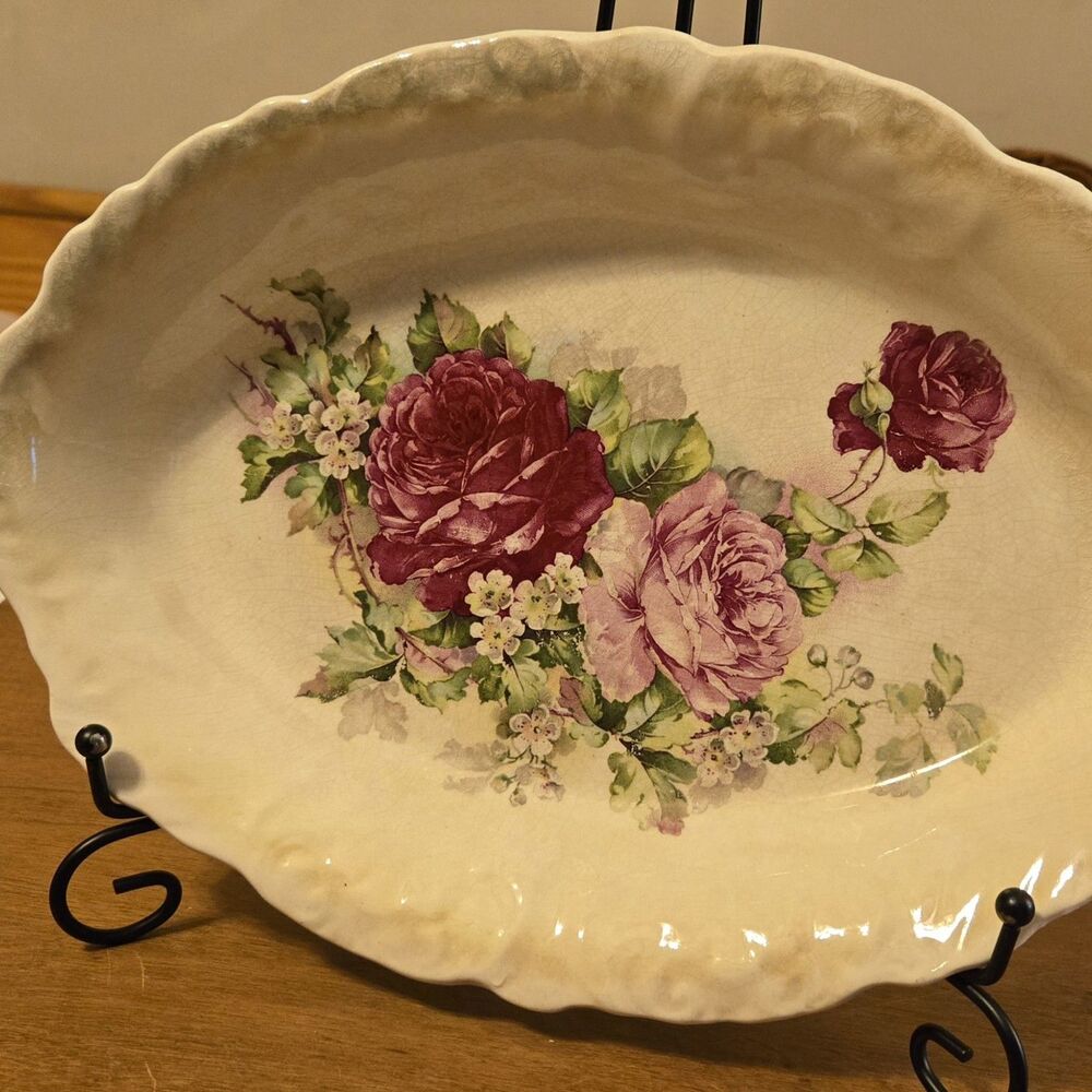 Antq Vtg HOMER LAUGHLIN Hudson Platter Painted Floral Gold Scalloped Edge 12 X 9 - Picture 2 of 9
